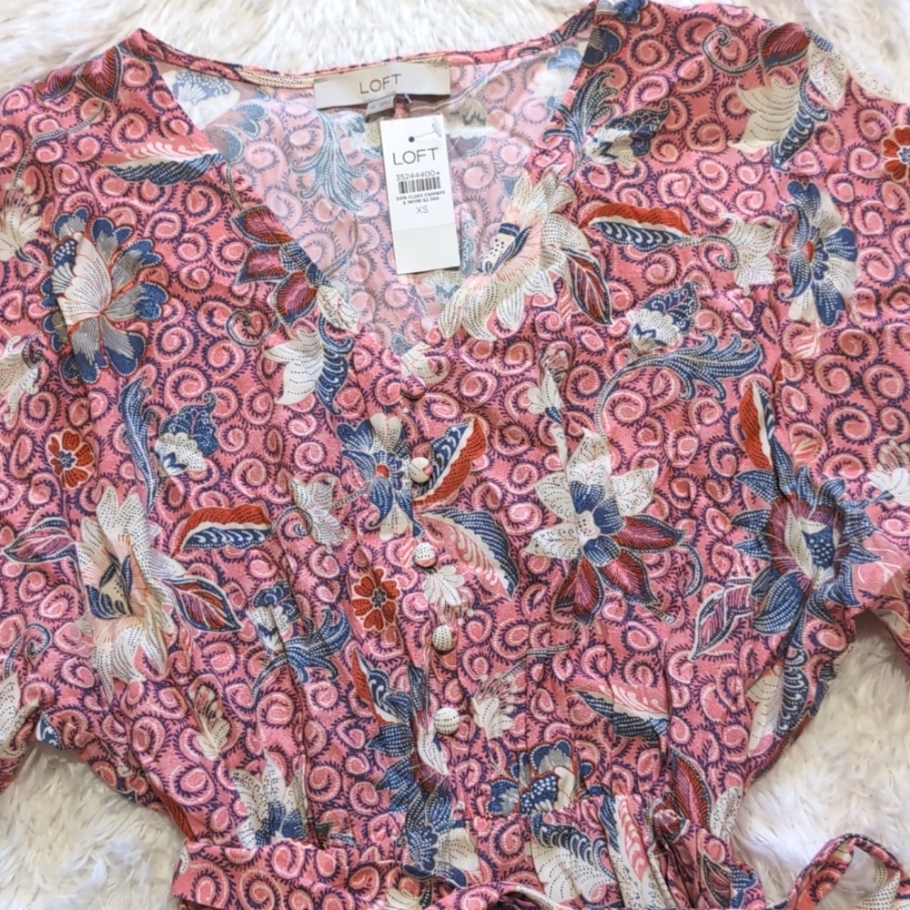 NWT Loft Pink Floral Cinched Waist Dahlia Dolman Sleeve Pocket Dress Size XS - Picture 4 of 14